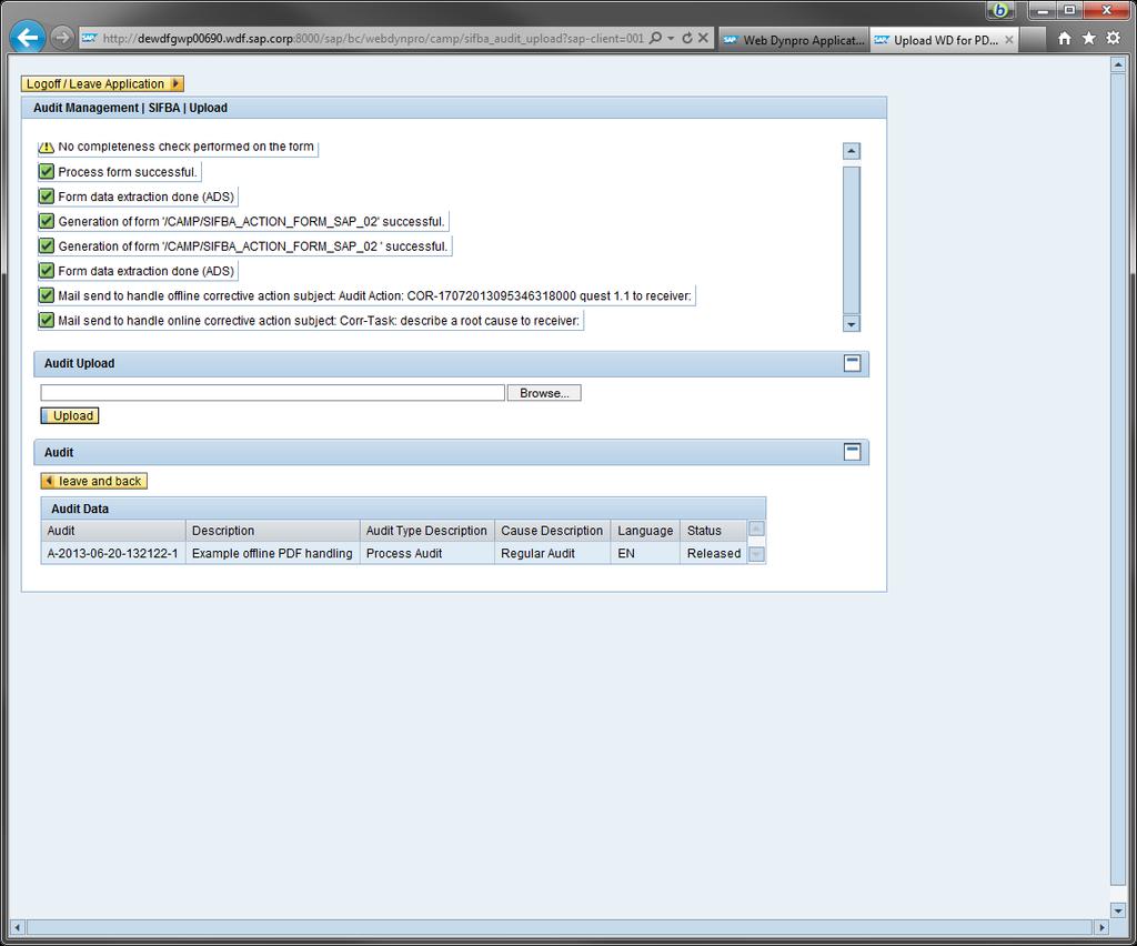 Audit offline PDF Rück-Laden hochladen Via WebDynpro Alle Daten werden mit den Berechtigungen des