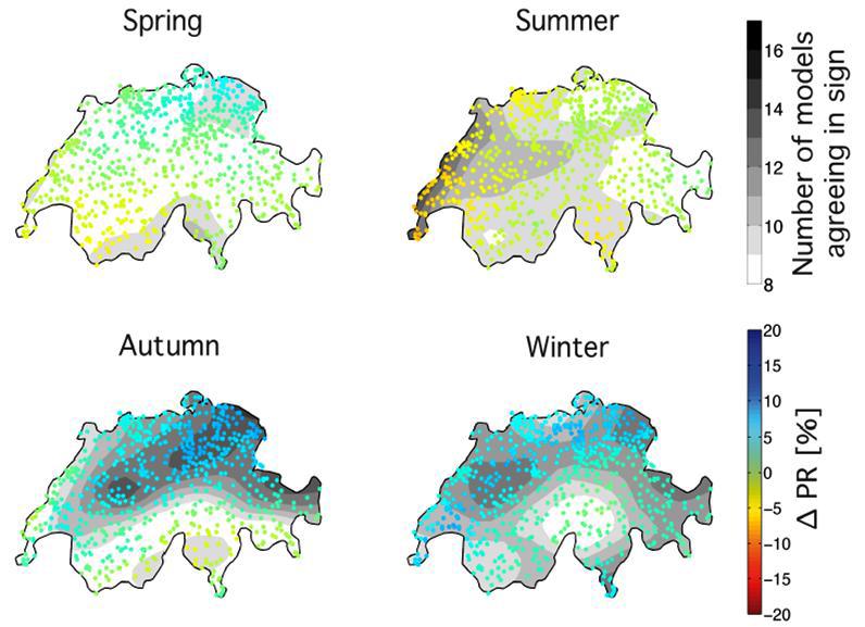 Änderungen im Niederschlag 2021-2050 relativ zu 1961-1990 Frühling Sommer Unsicherheit Herbst Winter