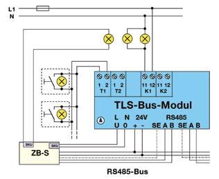 Allgemein- und Sicherheitsleuchten können durch den Einsatz eines TLS-Schaltmoduls (Einbau in Lichtverteilung) über die gleichen Taster angesteuert werden.