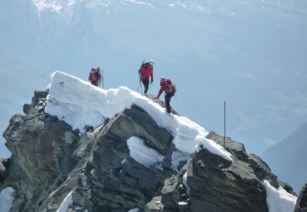Bergwandern (sehr schwer) Häufig weglos, Kletterstellen (bis einschließlich Schwierigkeit IV) sind häufig, Gletscherbegehungen, Umgang mit Steigeisen und Seil sind