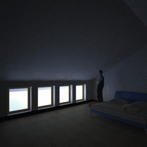 Oben, die Darstellung des auf dem Boden verteilten Lichts aus dem Fenster, welches in der Abbildung nebenan dargestellt ist (FmLD 1,3% niedriger als normmäßig