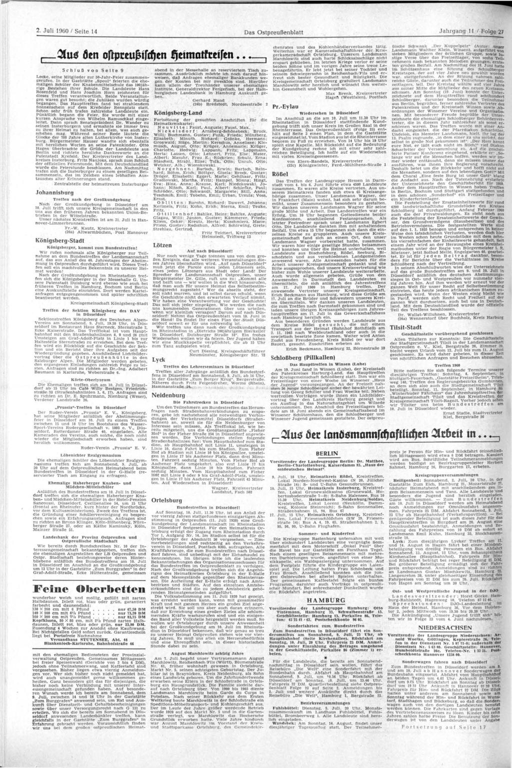 2. Juli 1960 / Seite 14 Das Ostpreußenblatt Jahrgang 11 / Folge 27 3u6 den oftpeeußifcfien Schluß von Seite 9 Lecke, seine Mitglieder zur 50-Jahr-Feier zusammengerufen.