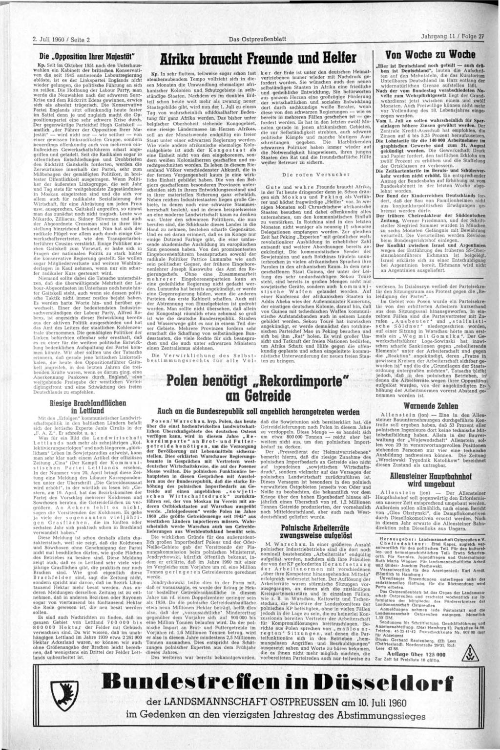 2. Juli 1960 / Seite 2 Das Ostpreußenblatt Die Opposition ihrer Majestät" Kp.