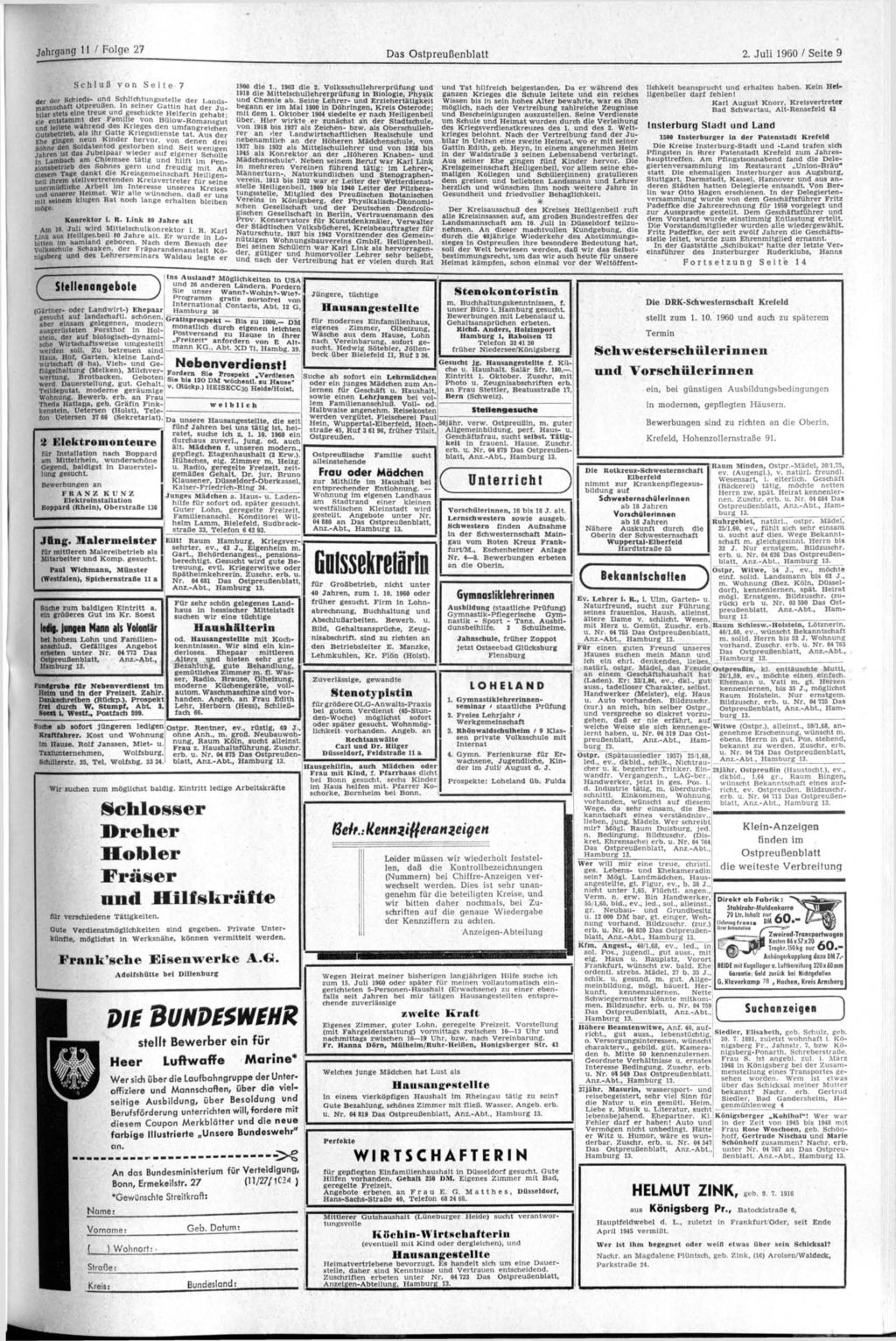 Jahrgang 11 / Folge 27 Das Ostpreußenblatt 2. Juli 1960 / Seite 9 Schluß von Seite 7 der der Schieds- und Schlichtungsstelle der Landsmannschaft Otpreußen.