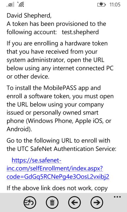 Anmeldung Softwaretoken: SafeNet MobilePASS+ für Windowshandys Schritt 1: Öffnen Sie die E-Mail mit der Selbstanmeldung a. Öffnen Sie die E-Mail mit der Selbstanmeldung auf Ihrem Windowshandy.