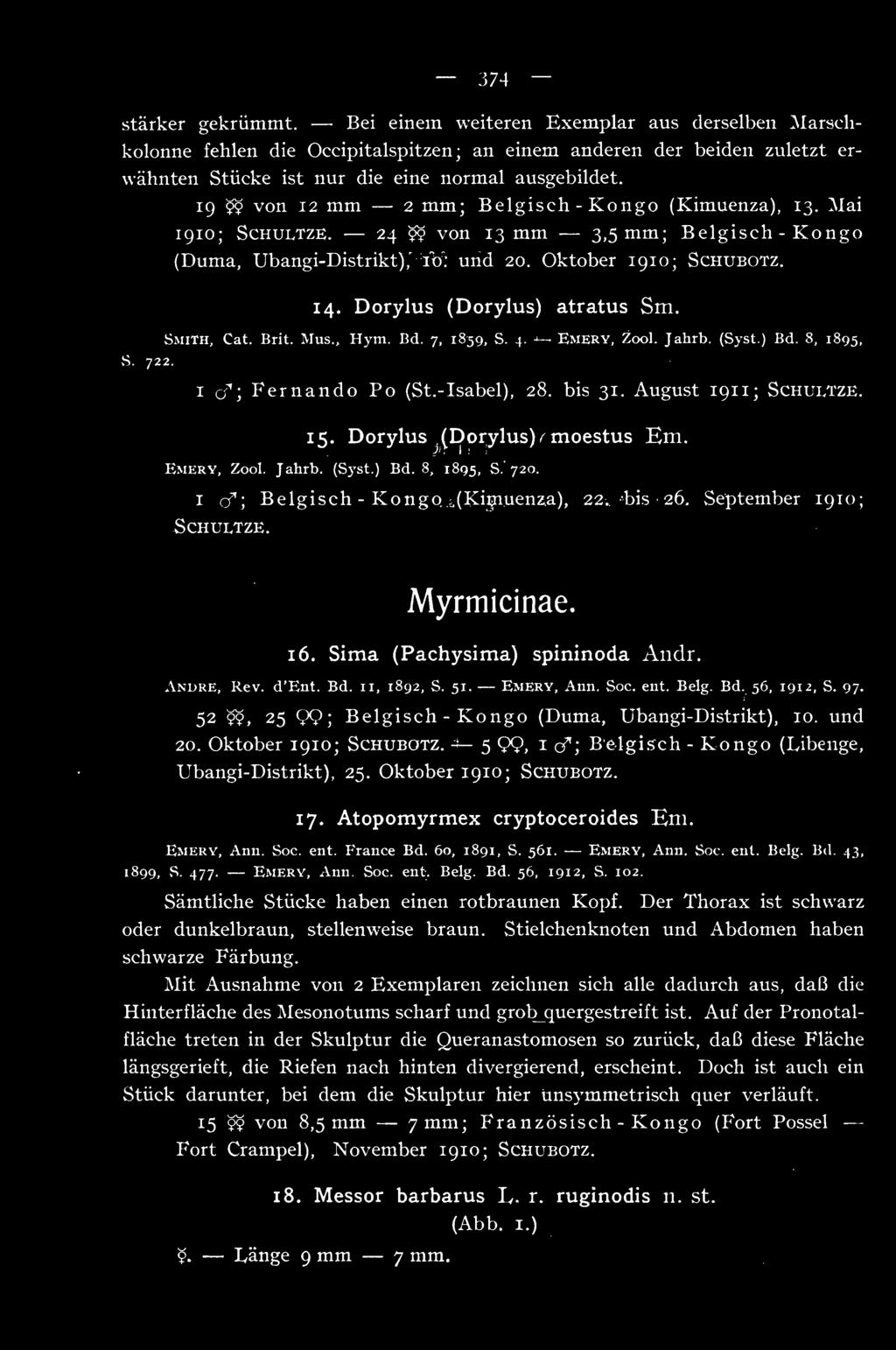 Dorylus (Dorylus) atratus Sm. Smith, Cat. Brit. Mus., Hyni. Bd. 7, 185g, S. 4. Emery, Zool. Jahrb. (Syst.) Bd. 8, 1895, I cf ; Fernando Po (St. -Isabel), 28. bis 31. August 1911; Schultze. 15.