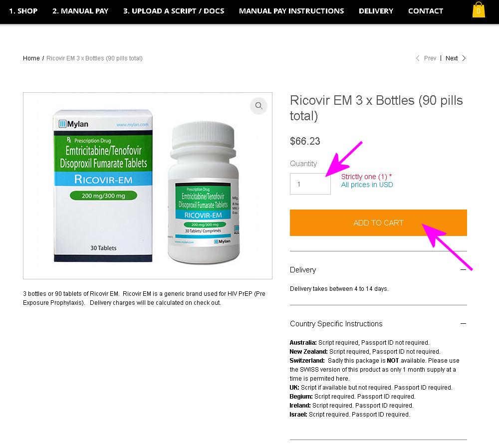 Öffne die Webseite von GCP und füge das gewünschte Medikament (hier "Ricovir-EM") dem Warenkorb hinzu.