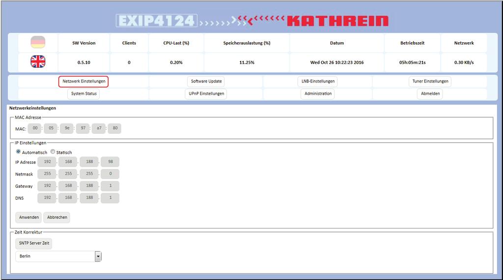 5 Netzwerkeinstellungen 5.1 Netzwerkschnittstelle Der EXIP 4124 wird in der Ethernetumgebung installiert. 5.2 IP-Einstellungen Es kann zwischen Automatisch und Statisch gewählt werden.
