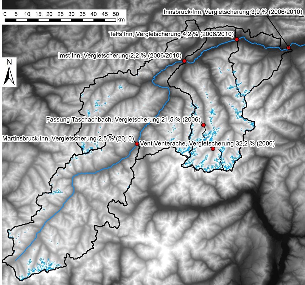 Abflussanteile aus Gletscherschmelze im Inn ober Innsbruck Innsbruck: EZG = 5771,6 km² Gletscherfläche = 222,5 km² Einzugsgebiet Gletscherfläche [km²] Einzugsgebietsgröße [km²] Vergletscherung 2006