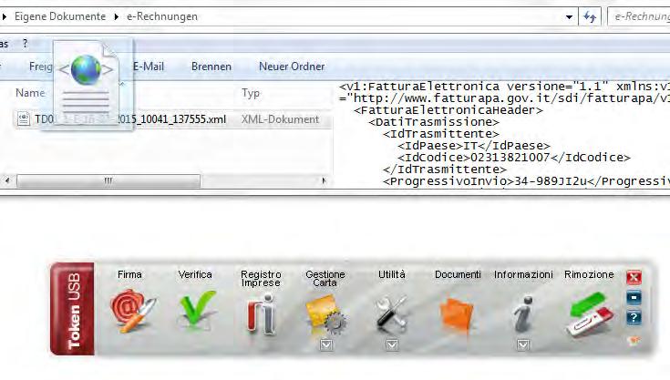 Digitale Unterschrift mit dem USB-Token (generelle Vorgehensweise) Vorgehensweise 1: Bei geöffnetem Ordner mit der zu unterschreibenden XML-Rechnung (Fenster im Hintergrund), die CNS-Funktionen