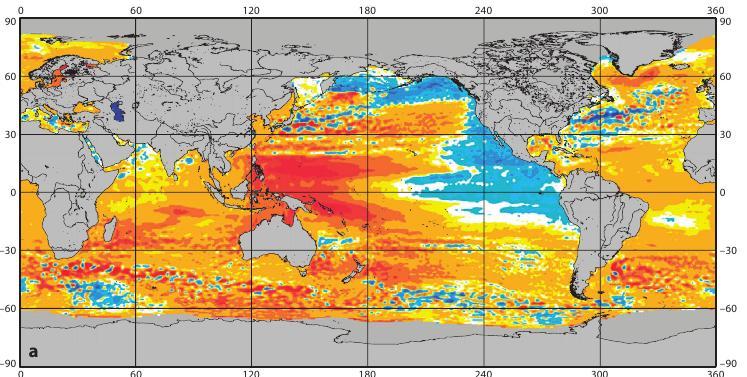 Regionale Meeresspiegelvariationen 4 Trend von 1993 bis 2008, aus: Cazenave und Llovel, Annu. Rev. Mar. Sci.