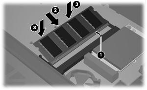 14. Setzen Sie ein Speichermodul ein: a. Richten Sie die eingekerbte Kante (1) des Speichermoduls an der Führungsnase im Speichersteckplatz aus.