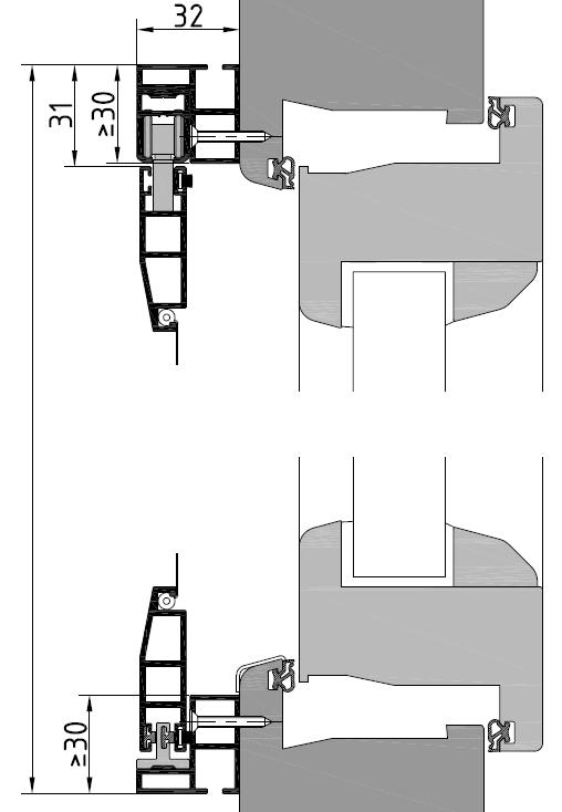 2. Schiebetür ST 1-flügelig, oben gelagert mit Rahmenprofil umlaufend = Außenkante Rahmen Flügelbreite = Standard: / 2 abzgl.
