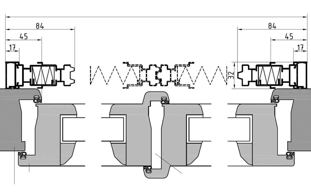 3. Plisseetür 2-flügelig, Montage auf der Fenstertür = Außenkante Plisseetürrahmen (siehe ) = Außenkante Plisseetürrahmen (siehe ) V1: mit Kammerprofil klein Hier: Montage auf dem Fenster Türstulp