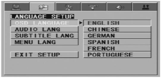 2) Spracheinstellungen (LANGUAGE SETUP) OSD LANGUAGE (On Screen Display) Betrifft die Sprache von auf dem