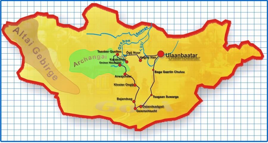 Streckenführung: Tour 256 Aufgrund der Gegebenheiten (Witterungsverhältnisse, Zustand der Fahrstrecke, Hochwasser) innerhalb der Mongolei, kann es zu Abweichungen im genauen Reiseverlauf kommen.