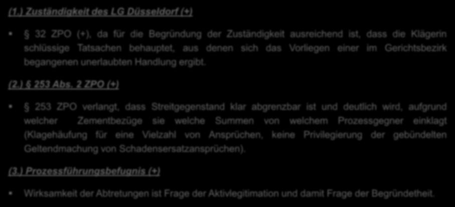 Die tragenden Gründe der klagabweisenden Urteile LG Düsseldorf Das Zwischenurteil zur Zulässigkeit (1.