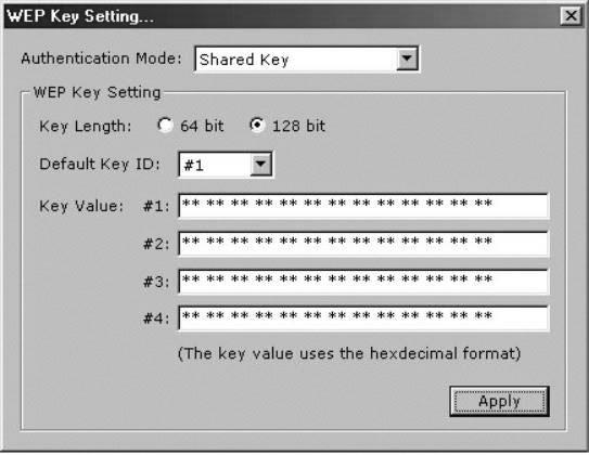 Einstellen der WEP-Verschlüsselung Stellen Sie den Authentication Mode auf Shared Key ein. Stellen Sie Key length auf 64 Bit oder 128 Bit ein.