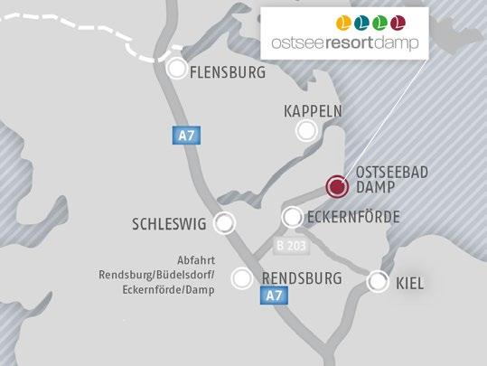 Über die Bundesstraße B 203 geht es weiter Richtung Eckernförde. Ab Eckernförde führt Sie der ausgeschilderte Zubringer direkt ins Ostseebad Damp (Entfernung ca. 20 Kilometer).
