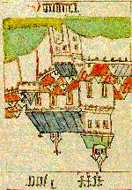 Aufzeichnungen und Annalistik Hermann Botes Hannover-Zeichnung, um 1500 368 Die farbige Zeichnung stellt Hannover von Norden mit dem Steintor und der Stadtmauer (Vordergrund) dar.