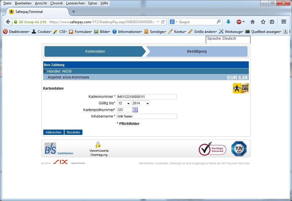 4.4 Bezahlvorgang über den Payment-Provider Bezahlseite der Testseite des Kreditkarten-Payment-Providers (www.saferpay.