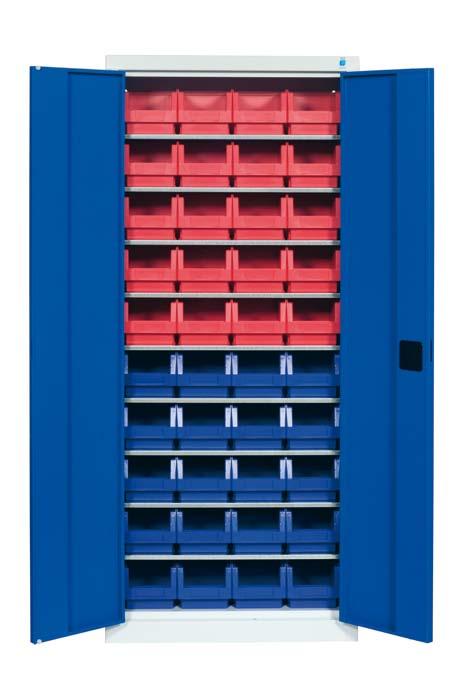 Fachbodenträger, 20 Sichtlagerkästen PLK 3 rot, 20 Sichtlagerkästen PLK 3 blau Regallagerschrank RLS 16621-6 1600 x 690 x 285 mm (H x B x T), bestehend aus: 11 Fachböden verzinkt inkl.