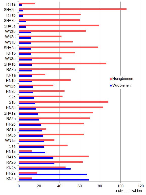 Abbildung 9: Individuenzahlen von Honigbienen und Wildbienen von jeweils 10 Bäumen in den verschiedenen im Jahr 2011