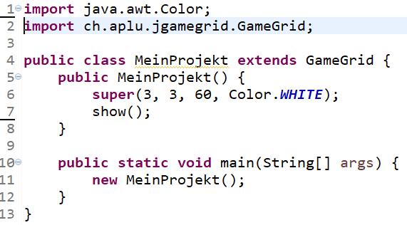 EIN NEUES GAMEGRID ANLEGEN 1. Schritt: Ein neues Java-Projekt anlegen: 2. Schritt: Namen des Projekts angeben und auf Next klicken (Achtung: Nicht auf Finish klicken) 3.