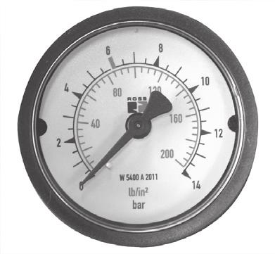 Zubehör Manometer: Außenrohrgewinde - Rückseite Rohr- Bestell- Anzeigebereich Gehäuse ø Gewicht Klasse anschluß nummer (bar) (mm) (kg) G 1/8 W5400A1002 0-11 45 0,09 2,5