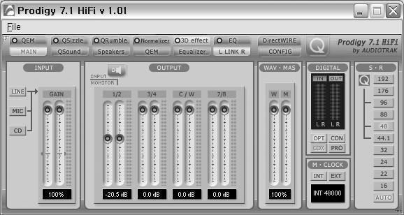 Der andere Modus, QVE96-24 (nur unter Windows XP), basiert auf den 3D Soundeffekten von QSound für speziellen Surroundsound und für Computerspiele. Das Control Panel steuert beide Treibermodi.