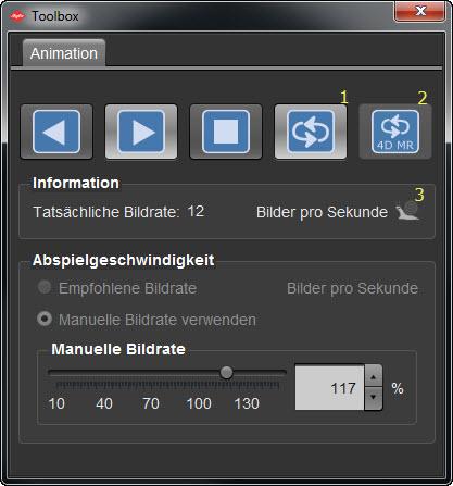 Plugin: Anim2D, Anim2D Cardio 157 Um eine 4D Serie automatisch abzuspielen 1. Klicken Sie in den Bildbereich, der die Serie enthält. 2.