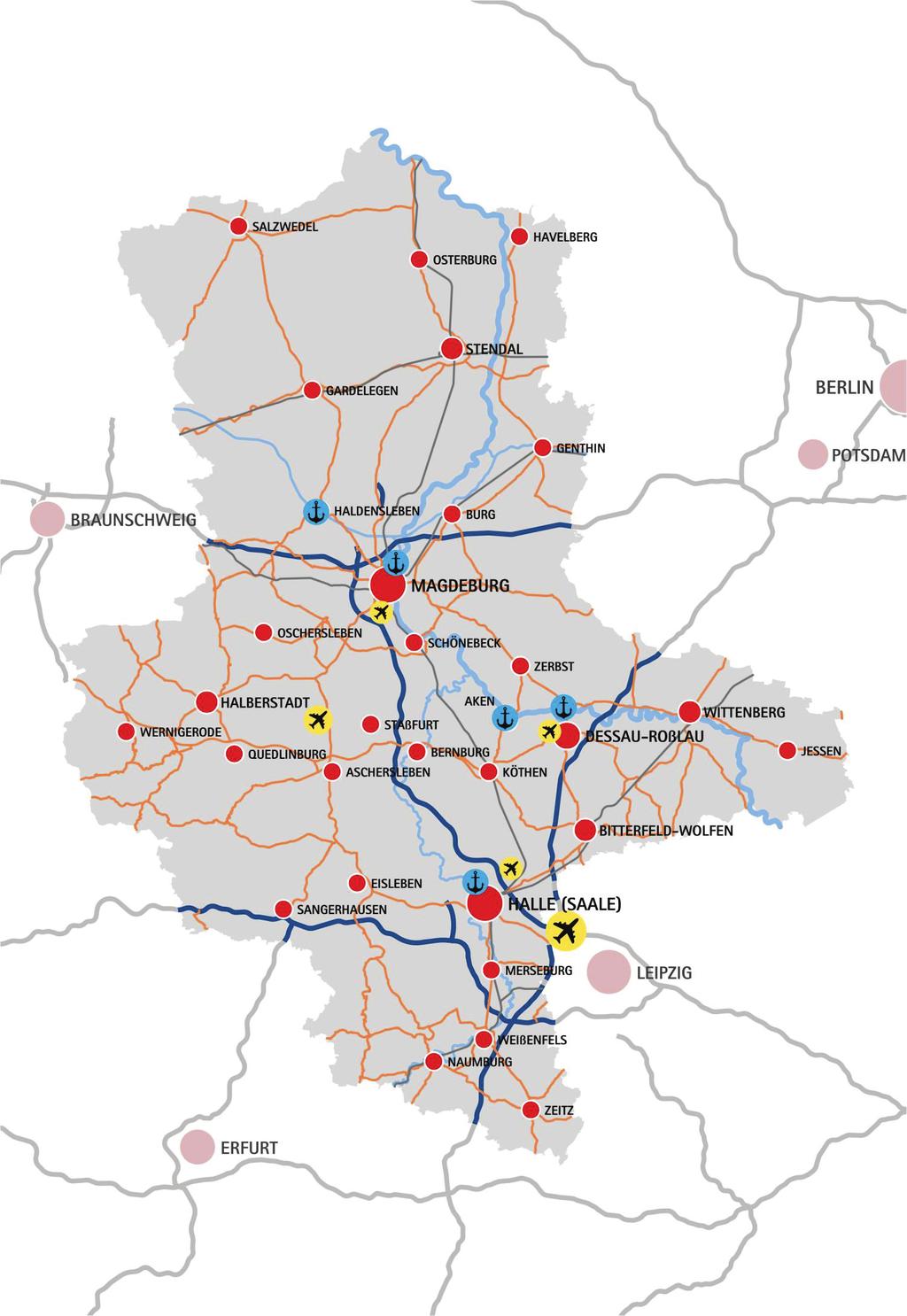 VERKEHRSINFRASTRUKTUR IN SACHSEN-ANHALT Straßen Bundesautobahnen 412 km Bundesstraßen 2.206 km Landstraßen 4.