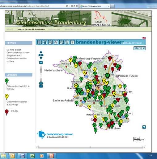 Geografische Suche ab 2012 interaktive Karte der GÅterverkehrsinfrastruktur Brandenburg GrobÅbersicht der Verkehrsinfrastruktur zur rçumlichen Orientierung gewünschte Güterverkehrsstelle auswählen