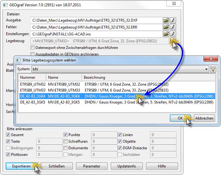 Beispiel: Aus einem ETRS89/UTM-Auftrag soll eine DXF-Datei im Lagebezug System 42/83 (4. Zone) ausgeben werden.