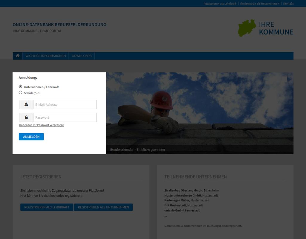 1) Registrierung und Anmeldung Anmeldebereich auf der Startseite Auf der Startseite des Buchungsportals finden Sie auf der linken Seite die Anmeldemaske, über die Sie sich ins Portal einloggen können.