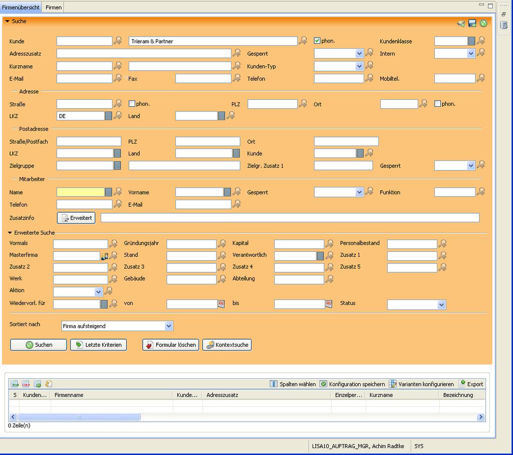 Folgender Screenshot zeigt das Suchformular für die Kundenverwaltung in lisa.lims. Abb. 1: Suchformular der Kundenverwaltung aus der Software lisa.