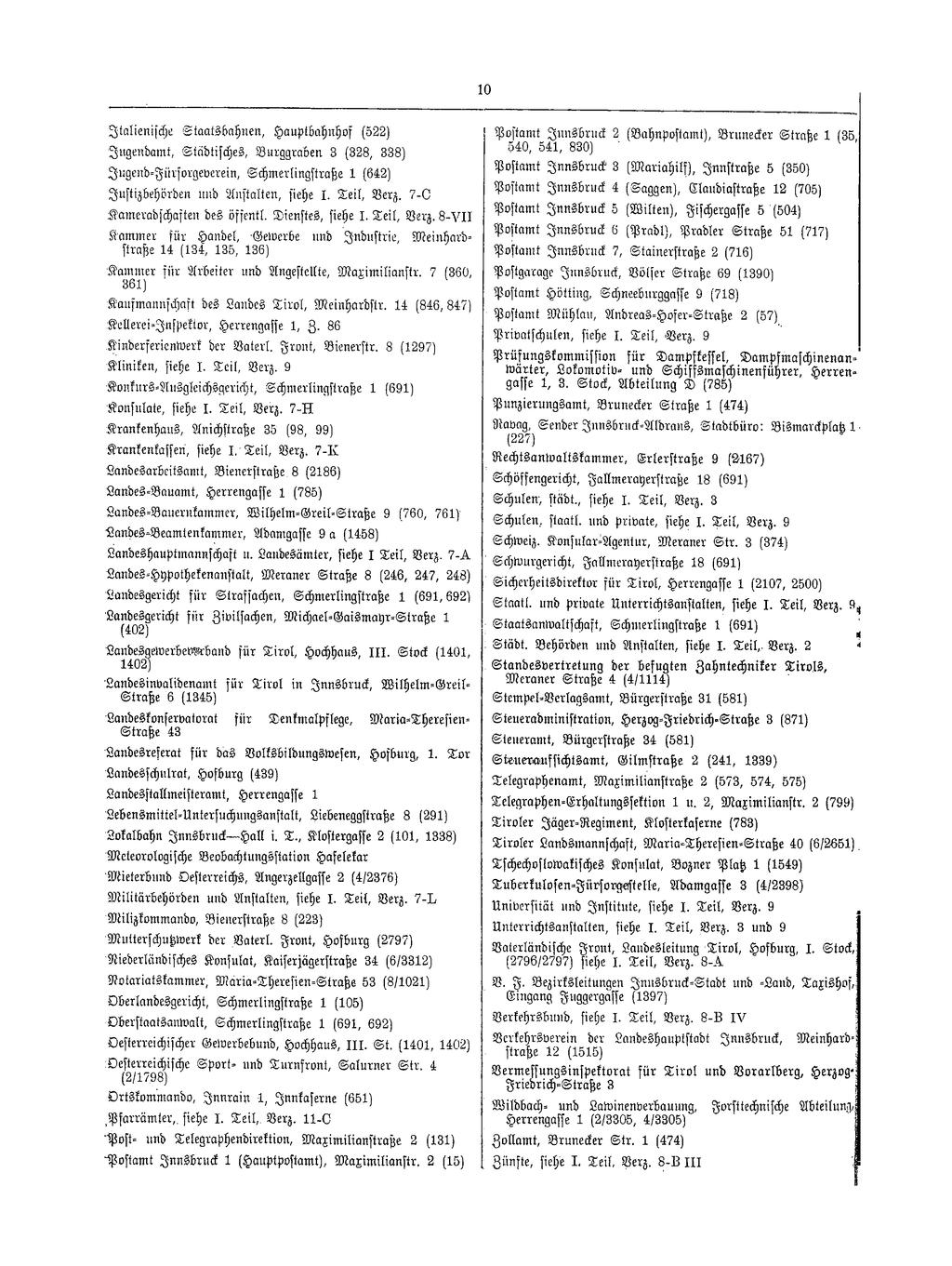 i V 10 W Jtalienische Staatsbahnen, Hauptbahnhof (522) Jugenda1nt, Städtisches, Burggraben 3 (328, 338) JugendFürsorgeverein, Schmerlingstraße 1 (642) Justizbehörden und Anstalten, siehe I Teil, Verz
