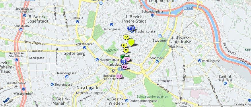 Öffentlicher Nahverkehr Der hellgrüne Punkt markiert den Immobilienstandort, die Verkehrsmittel im Umkreis werden mit farblichen Pins angezeigt.