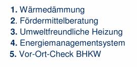 2015 / 2016 auch BHKW ab 50.000 kwh el + th 2. 4. i.w. kostenlos, nachher antragen; 5. bis 250,- von Stadt Beraterlisten der Stadt. Förderrichtlinie: www.freiburg.