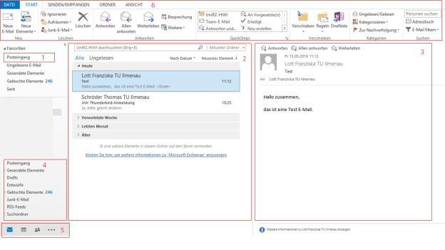 Abbildung 1: Aufbau des Outlookfensters 3. Neue Mail erstellen Ein Klick auf Neue E-Mail-Nachricht (oder Shortcut Strg+N) öffnet ein Fenster zum Erstellen einer neuen Mail.