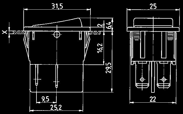 Einschalt-Kennzeichnung 0 ± I Umschalter schwarz schwarz 4,8 mm Zweipolige Wippschalter Schutzklasse II 16 (4) Amp.