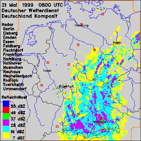 Ereignisperiode a) Wetterlage Am 20.5.1999 war eine von der Adria bis in den Nordosten Deutschlands verlaufende Tiefdruckrinne entstanden.