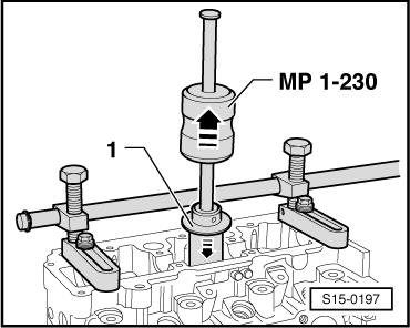 Festsitzende Sicherheitsventilkegelstücke durch leichte Hammerschläge auf den Ventilhebel lösen. Ventilschaftabdichtung mit Abzieher für Ventilschaftabdichtung -MP1-20 (64) - abziehen.