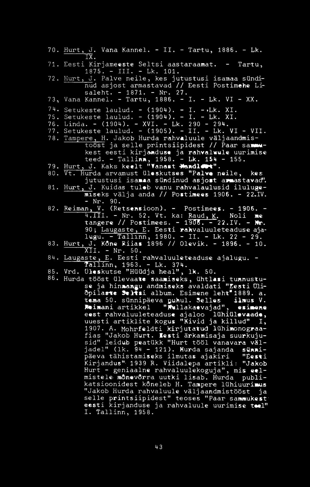 XI. 75. Setukeste laulud. - (1904). - I. - Lk. XI. 76. Linda. - (1904). - XVI. - Lk. 290-294. 77. Setukeste laulud. - (1905). - II. - Lk. VI - VII. 78. Tampere, H.
