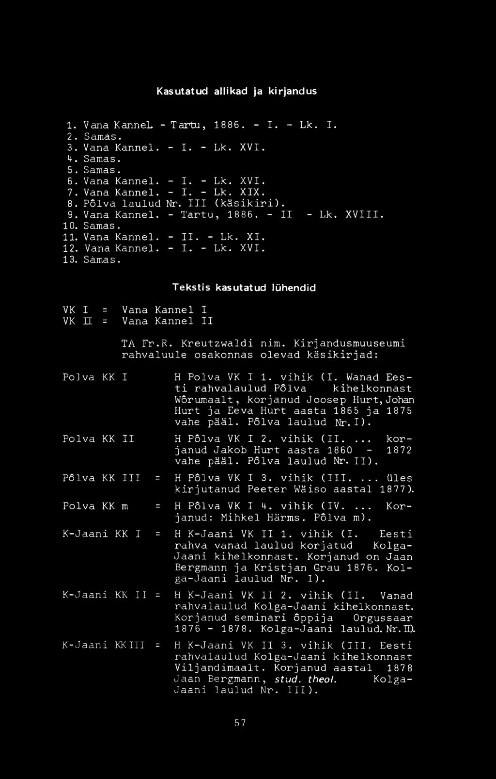 VK I = Vana Kannel I VK П : Vana Kannel II Tekstis kasutatud lühendid TA Fr.R. Kreutzwaldi nim.