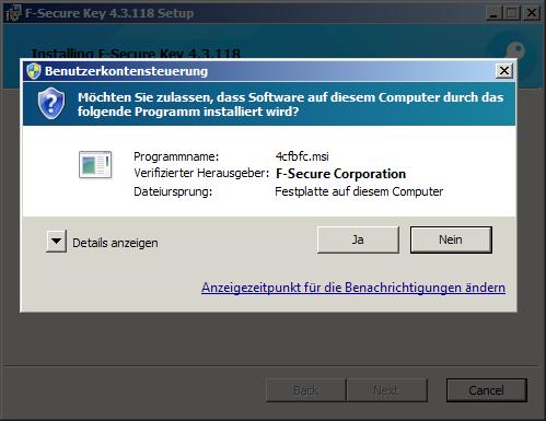 Falls Sie Windows jetzt dazu auffordert, bestätigen Sie bitte mit Ja, dass F-Secure Key auf Ihren PC