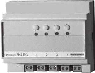 4-Kanal Funkrelais FHS-R4V 230 V D30135.028 275. Vier Schaltkreise, die einzeln oder zu Gruppen konfiguriert werden können. Pro Kanal können beliebig viele Funkrelais geschaltet werden.