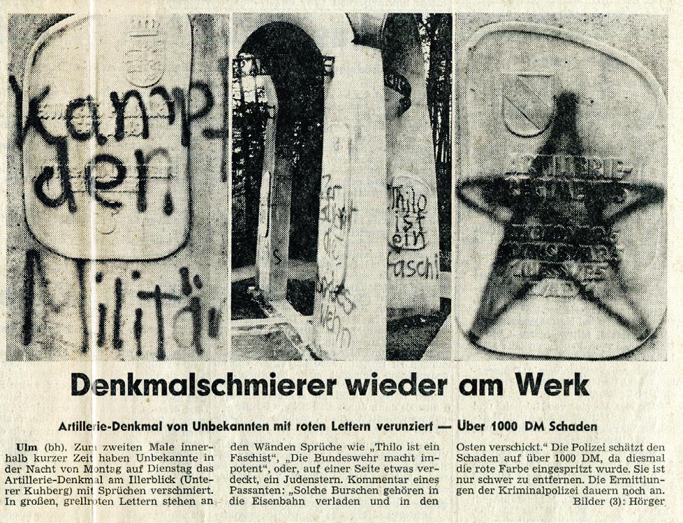 Graffiti am Kriegerdenkmal an der Kreuzung Karlstraße/ Stuttgarter Straße, März 1969 Südwest Presse, 30.4.