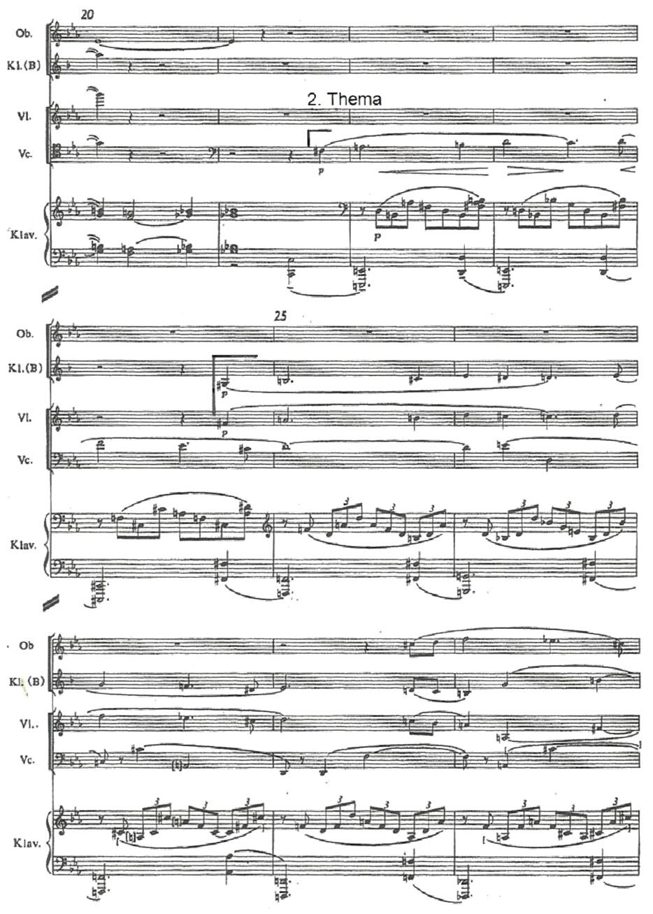 127 Notenbeispiel 3: Schönberg, Ein Stelldichein, Takte 20 29 Dies wird ab Takt 25 durch Klarinette und Violine, die im Einklang, somit parallel geführt werden, imitiert, wobei die Oboe in Takt 28