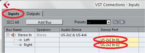 5. Wählen Sie im Fenster VST-Verbindungen die Registerkarte Eingänge. Der Bus Stereo In ist standardmäßig verfügbar.